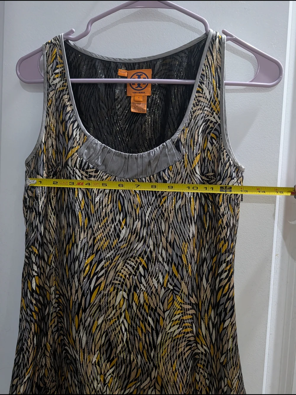 Tory‎ Burch Silk Blend Printed Tank Top Women's Size 0 Gray Gold Sleeveless